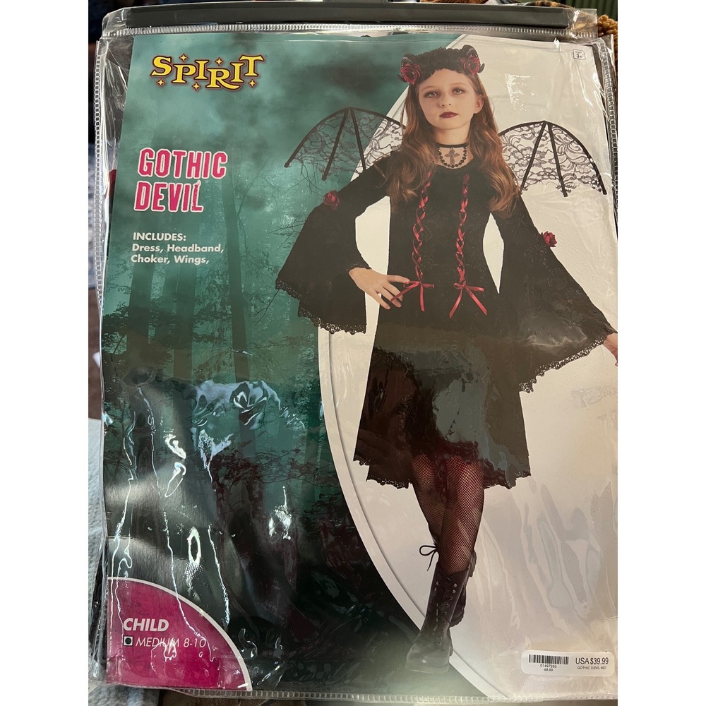 New Spirit Halloween Gothic Devil Costume Kids Med 8-10 Dress Wings Headband Set